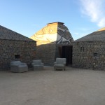 The courtyard at Clos de Tres Cantos features concrete furniture - very cool on a warm day!